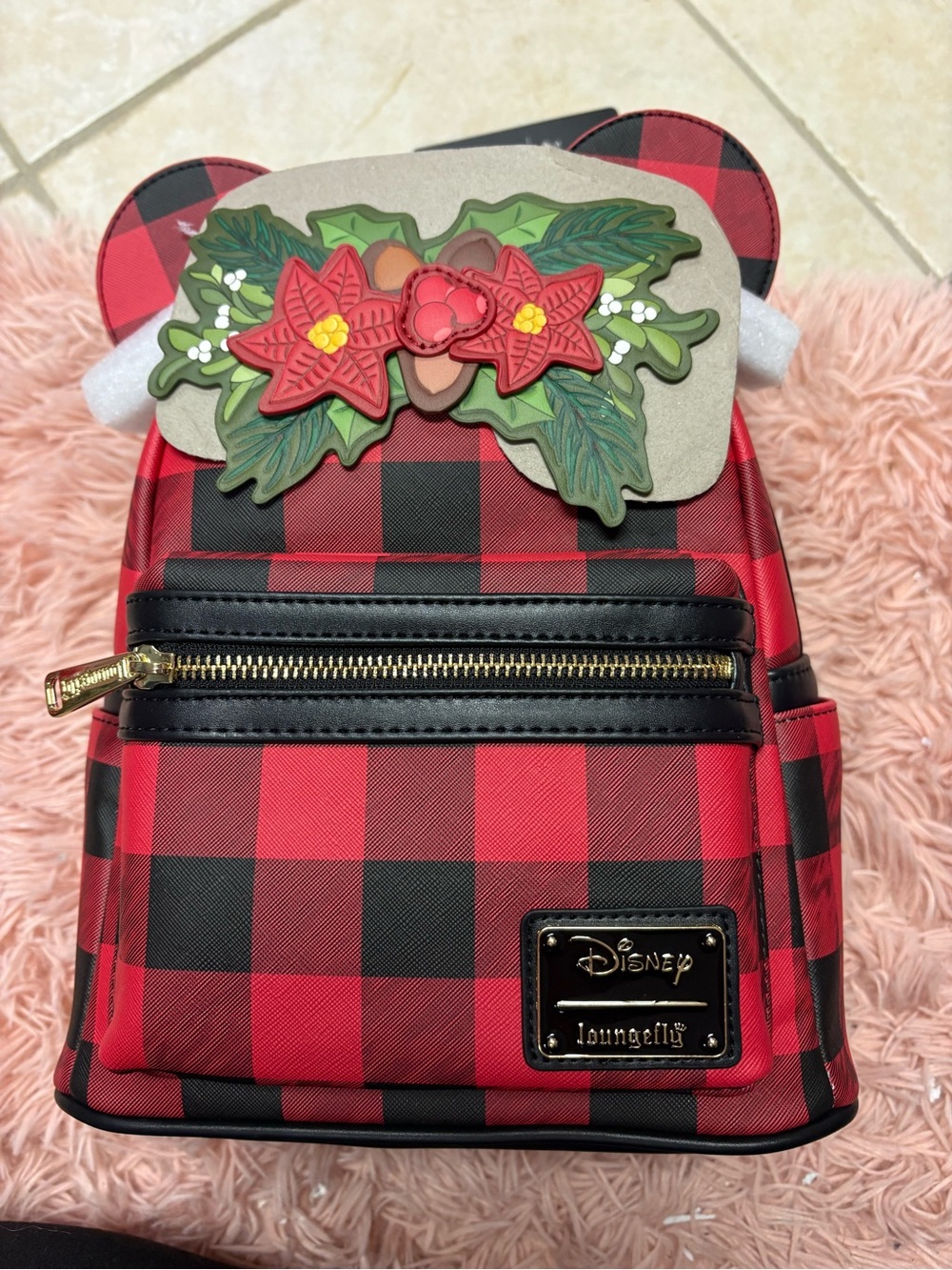 Loungefly Red and Black Buffalo Plaid Mini Backpack with Floral Appliqué